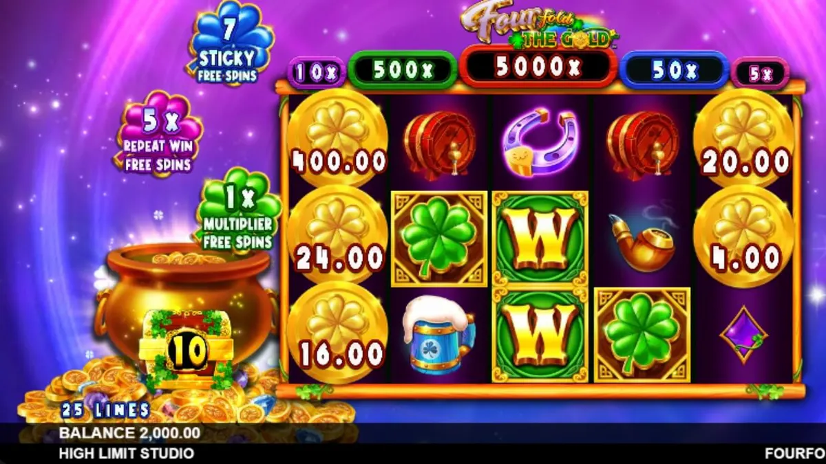 ภาพกราฟิกสล็อต Fourfold the Gold ที่มีธีมเลเปรอคอนในอวกาศ